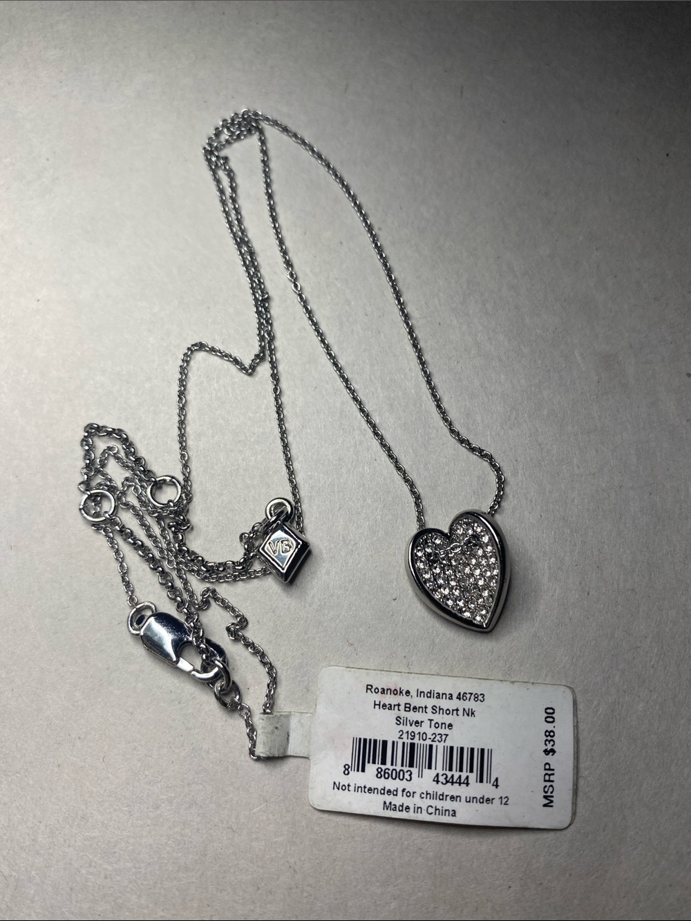 Vera Bradley Silver Tone Bent Folded Heart  Pendant Necklace